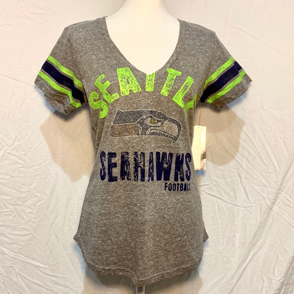 V-Neck Seattle Seahawks T-shirt W/Rhinestone Hawk